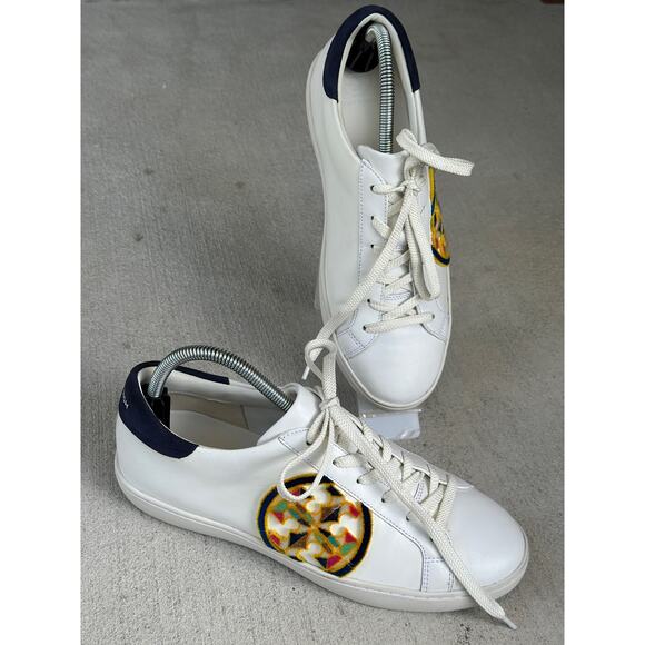 Tory Burch Women’s 9.5M Leather T Logo Platform Sneakers in White/Navy Multi - Picture 3 of 9